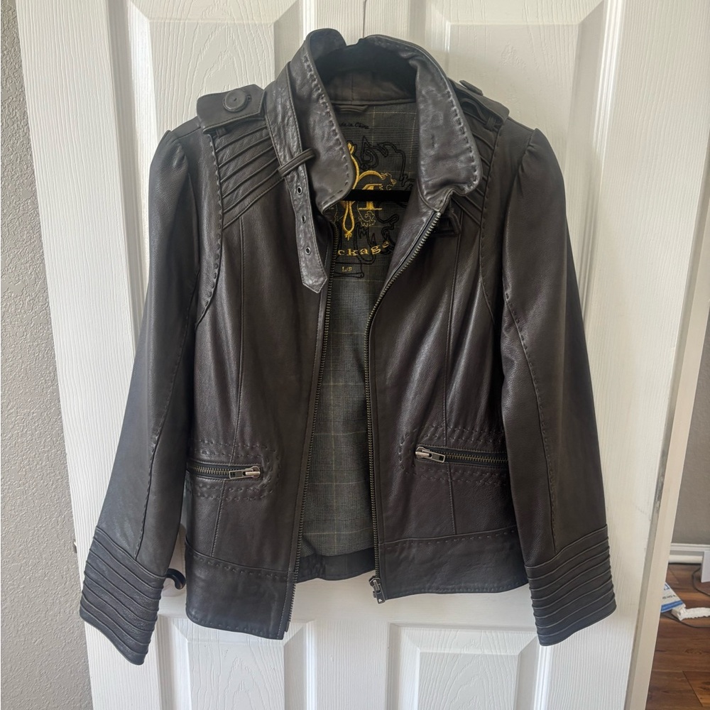 Vintage Women’s Mackage Leather Lambskin Gray Buckle Collar Moto Jacket